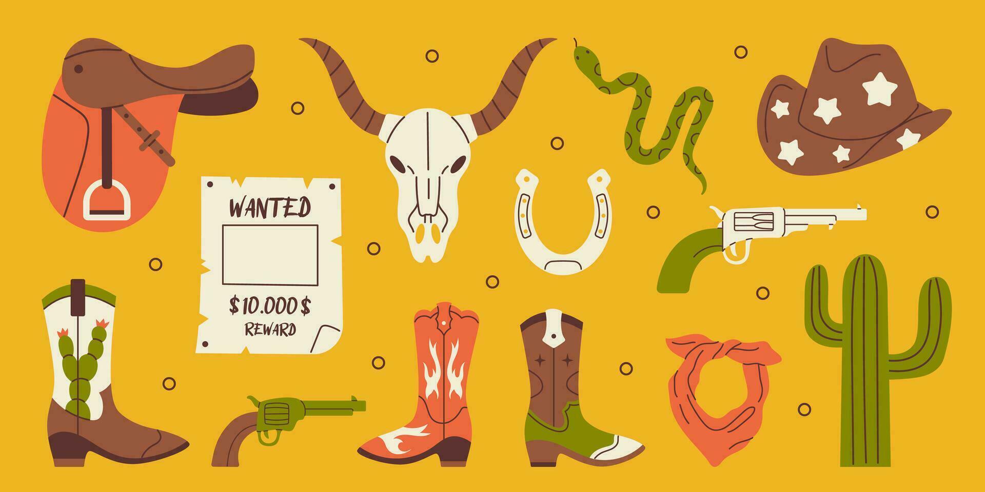 western set. retro verzameling van cowboy laarzen, bandana, hoed, geweer, cactus, hoefijzer, koe schedel, zadel, gezocht poster en slang. wild west en Texas concept. vector