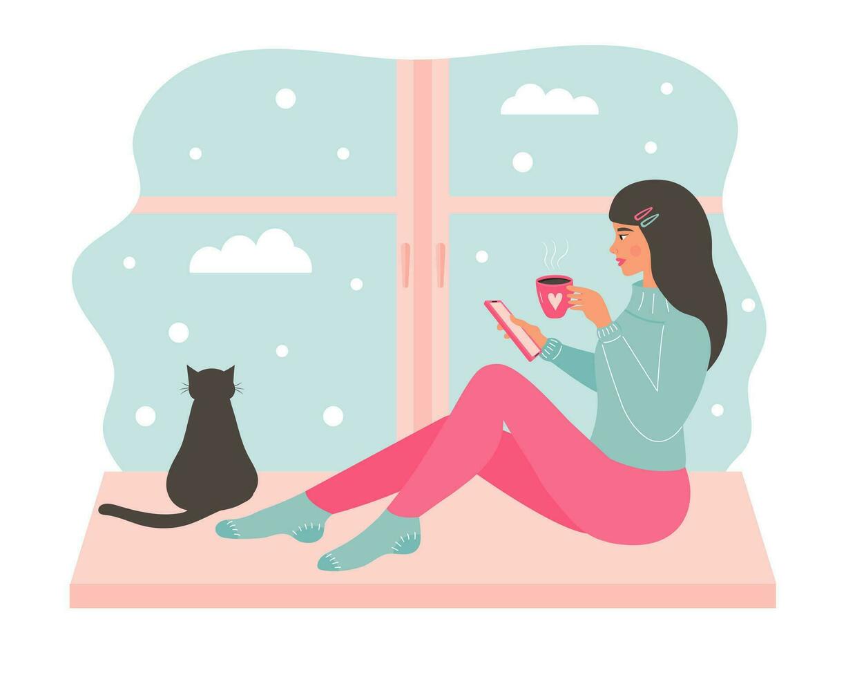 jong vrouw zittend Aan de venster met een mok van heet drinken en gebruik makend van smartphone. zwart kat zittend en op zoek uit de venster. besneeuwd dag weer buiten de venster. vector