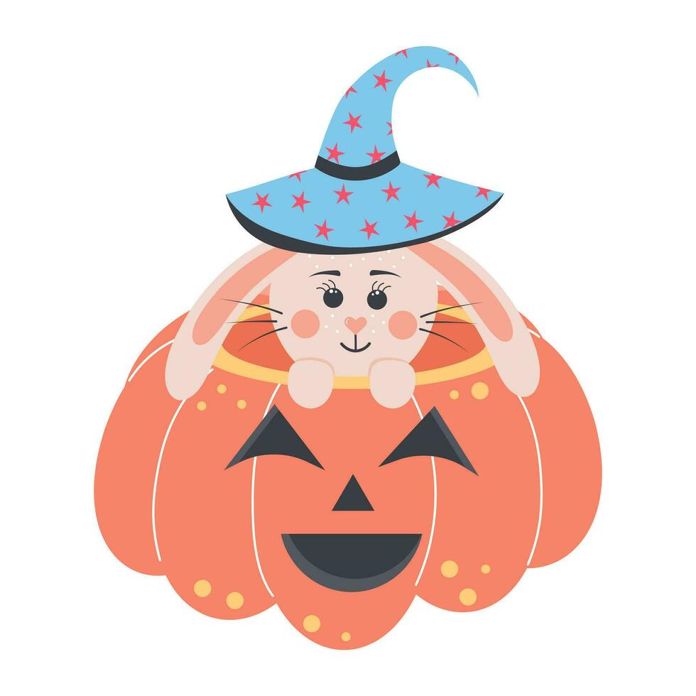 schattig konijn in een heks hoed zittend in een eng pompoen. halloween konijn meisje en spookachtig pompoen. tekenfilm Woud karakter. vector