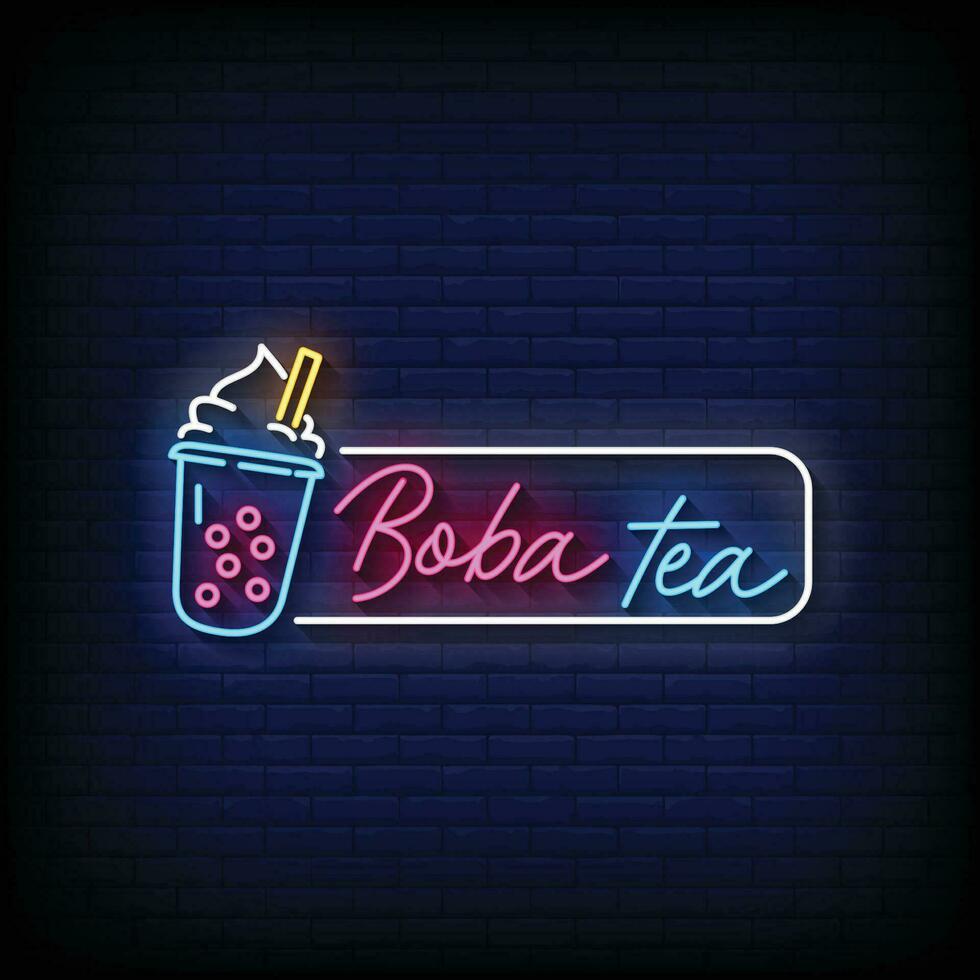 neon teken boba thee met steen muur achtergrond vector