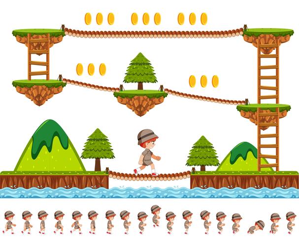 Woods game-design met stripfiguur vector