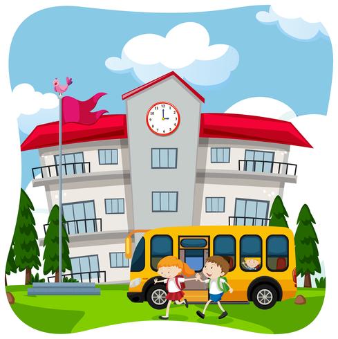 Kinderen en schoolbus op school vector