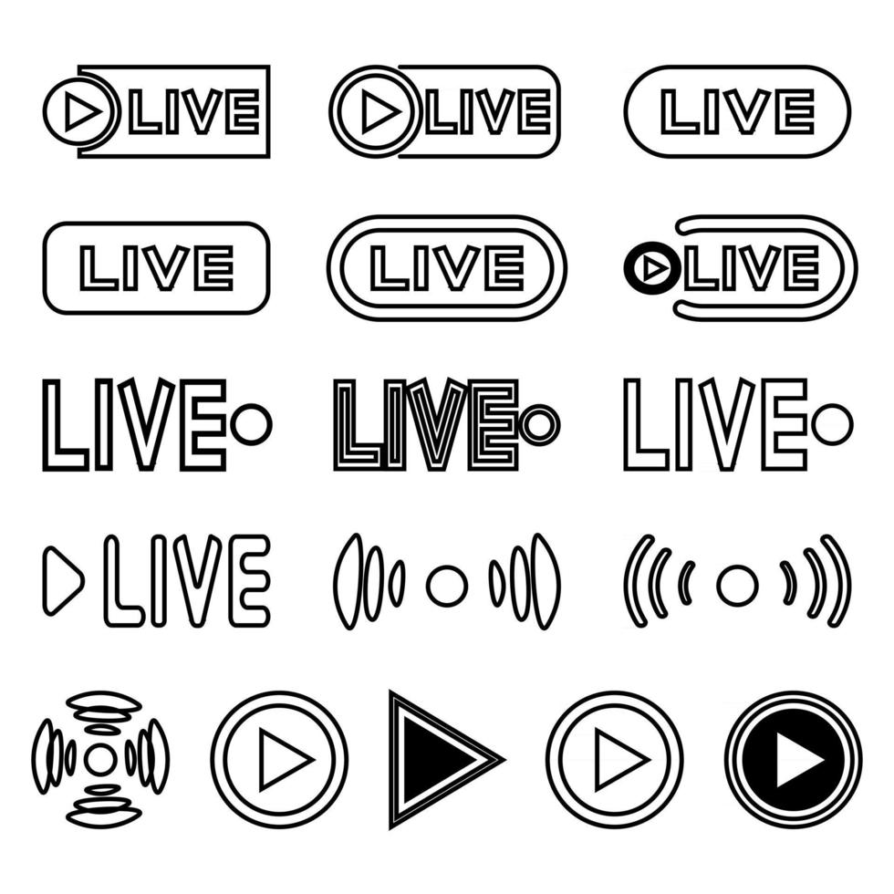 live-uitzending pictogrammen instellen. zwarte symbolen en knoppen voor live uitzending, uitzending, online uitzending, tv, shows, films en live optredens vector