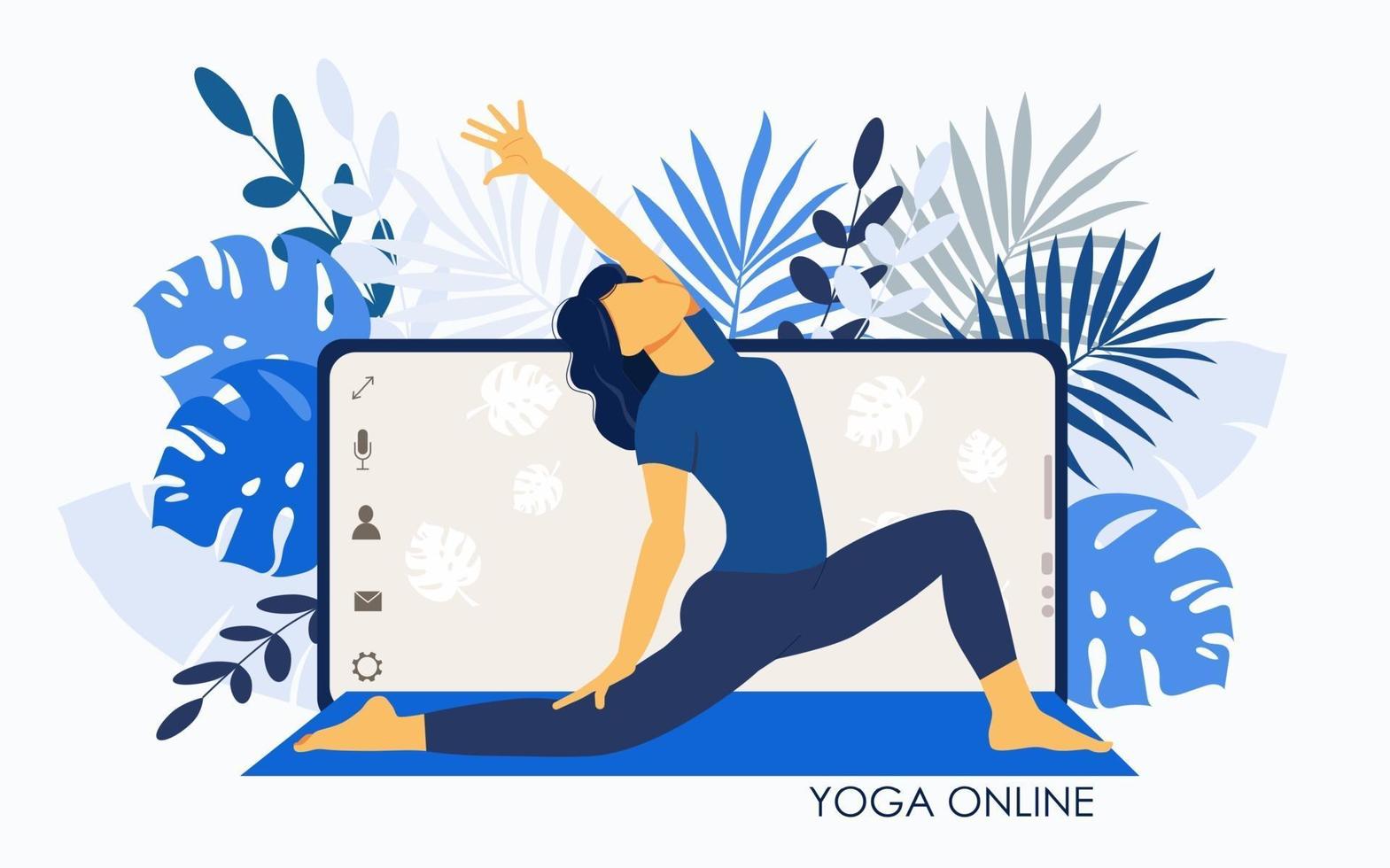 yoga-online. meisjescoach op een smartphonescherm geeft live een les. vector