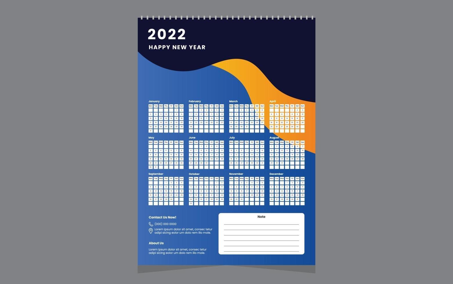 enkelwandig kalender 2022 sjabloonontwerp met vector. vector