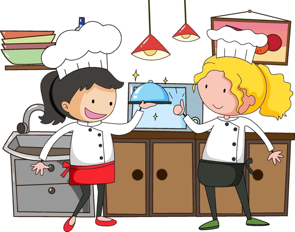 kleine chef-kok met keukenapparatuur op witte achtergrond vector