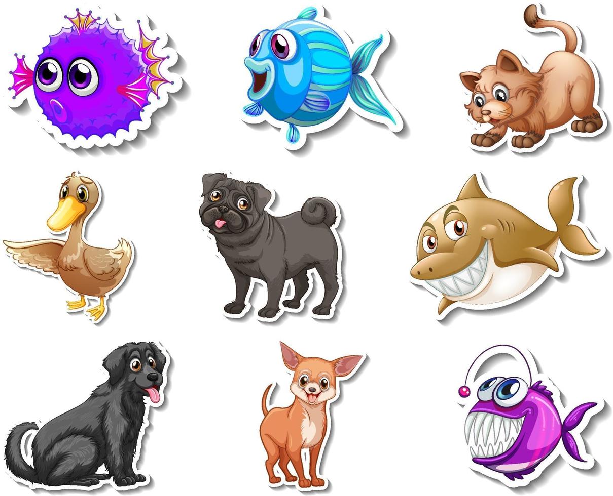set stickers met zeedieren en honden stripfiguur dogs vector