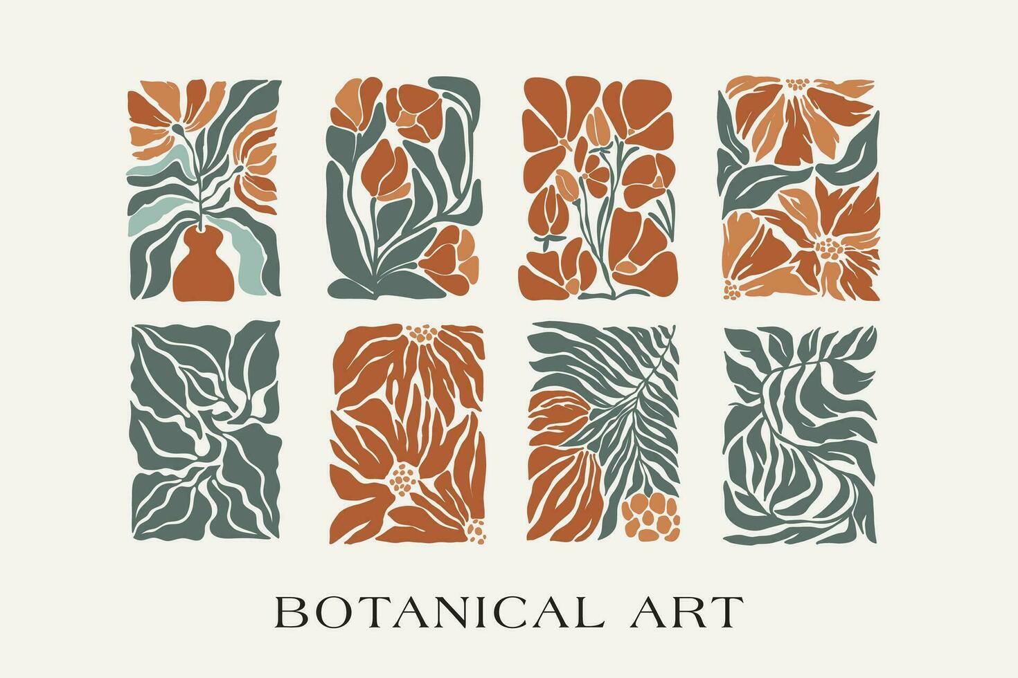 bloem markt poster, afdrukken set. modieus abstract botanisch muur kunsten met bloemen ontwerp in aarde toon kleuren. modern naief groovy funky interieur decoraties, schilderijen. vector kunst illustratie.