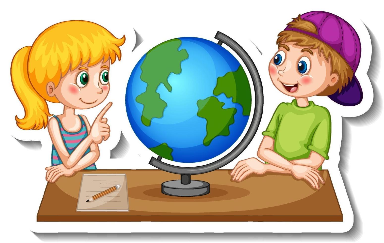 stickersjabloon met stripfiguur van kinderen die naar globe kijken vector