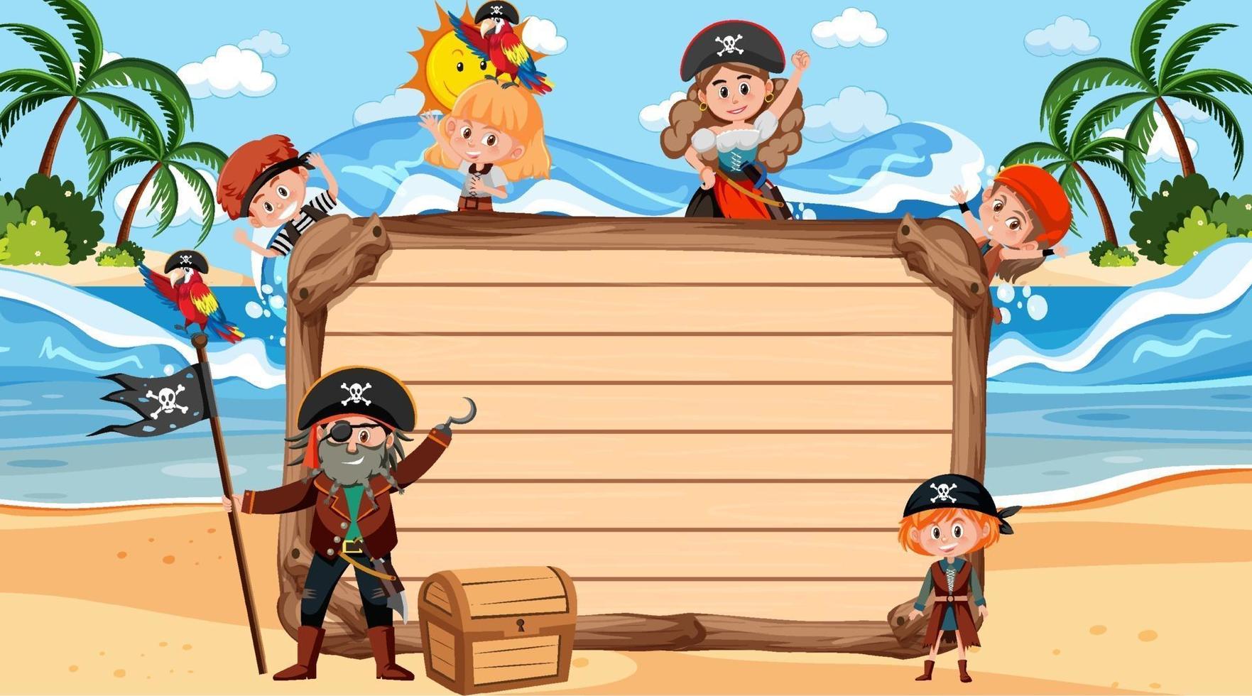 leeg houten bord met veel piratenkinderen op het strand vector