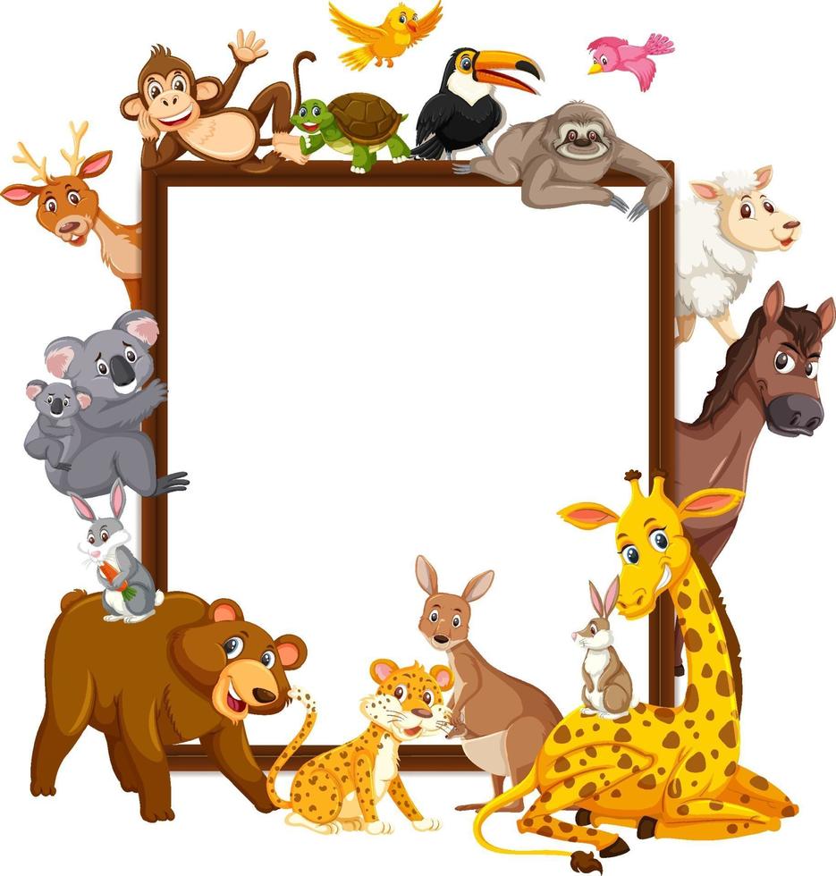 leeg houten frame met verschillende wilde dieren vector