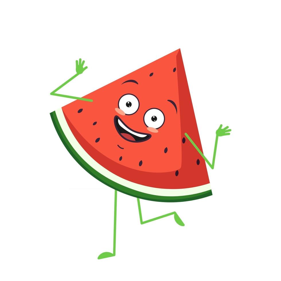 schattig watermeloenkarakter vrolijk met emoties dansen, armen en been vector