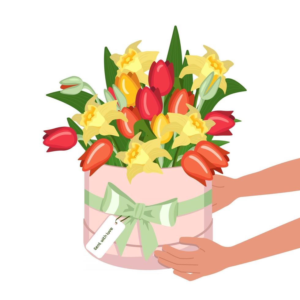 boeket tulpen en narcissen in een ronde doos vector