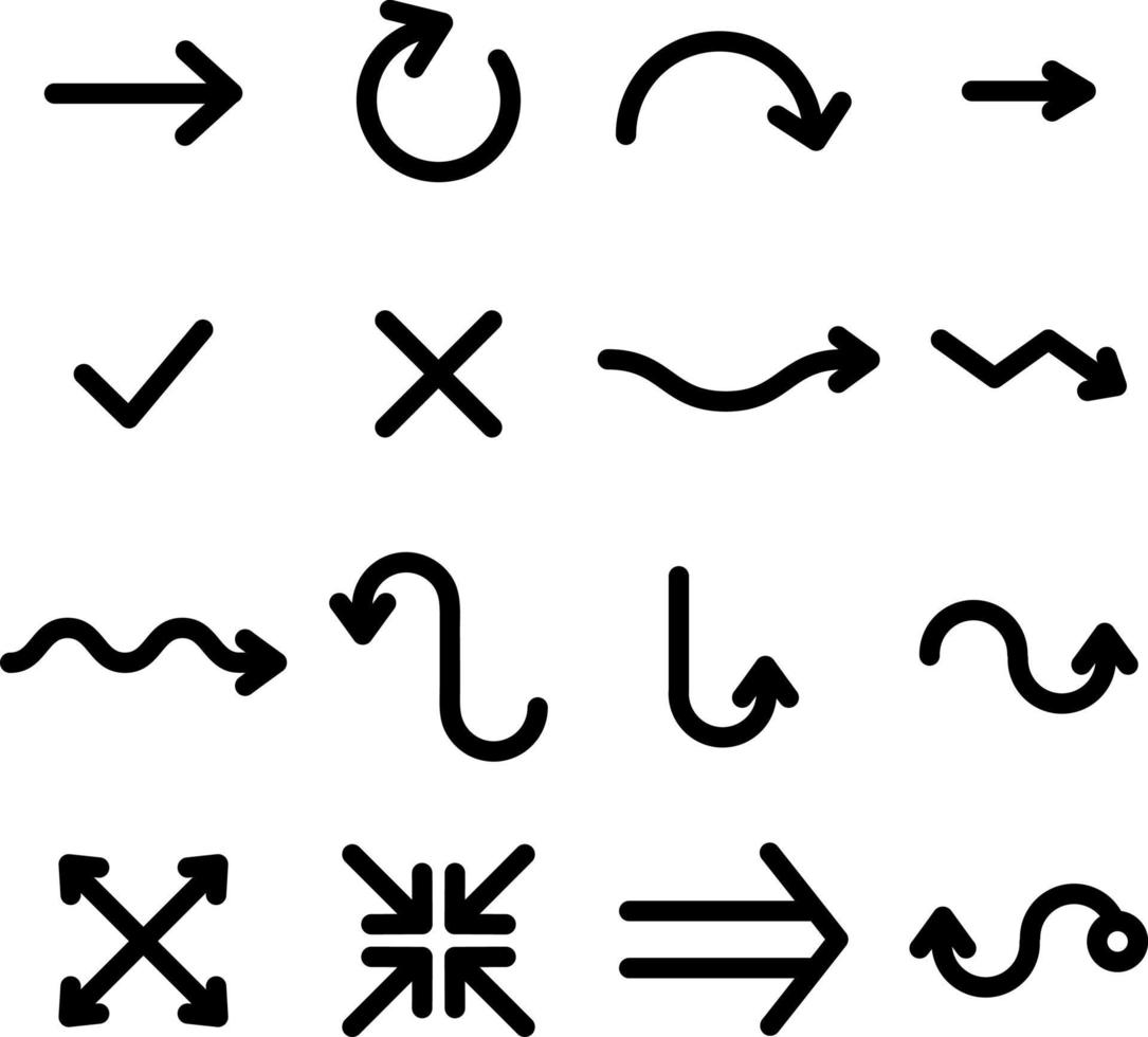 lijn iconen van zwarte eenvoudige platte gebogen pijlen vector
