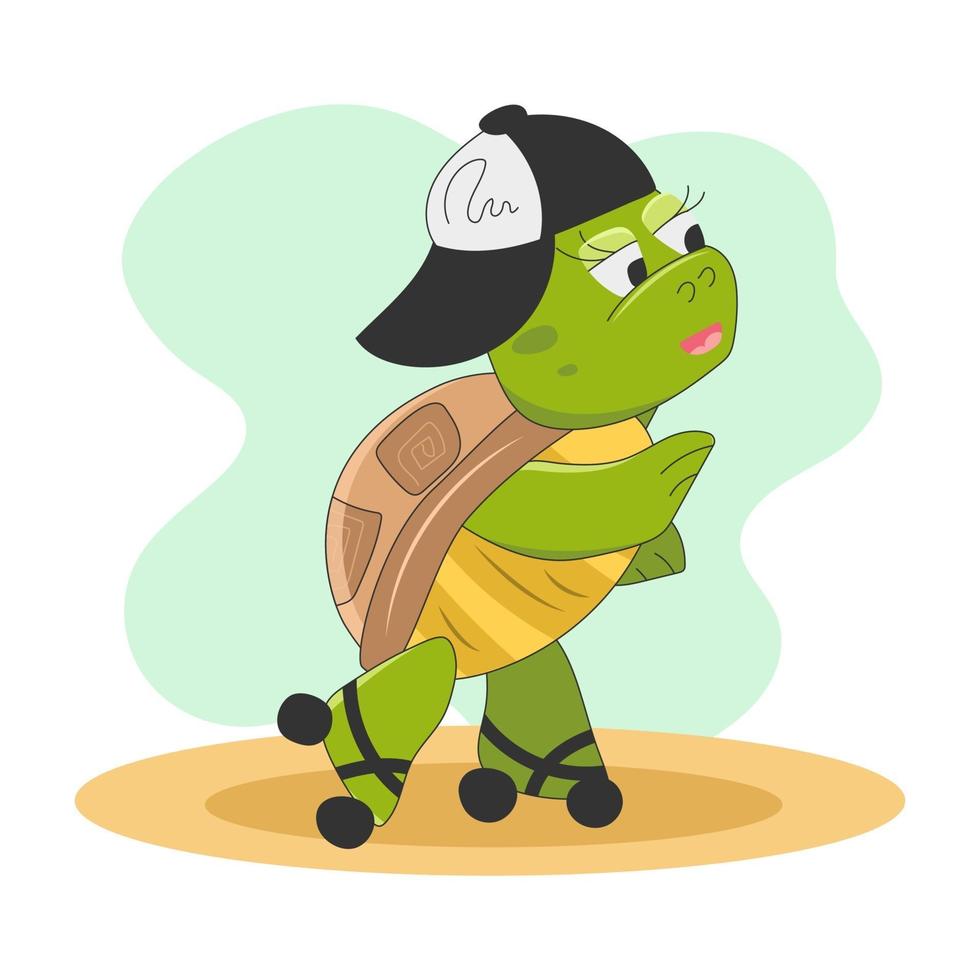 schattig schildpadkarakter op rolschaatsen.sportwandeling. vector