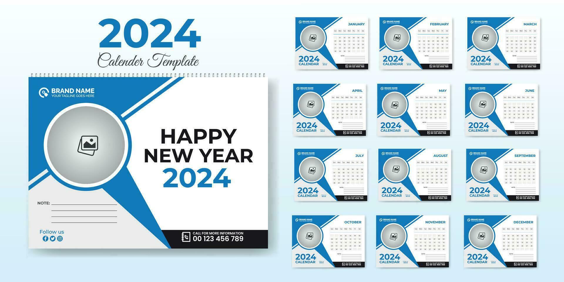 2024 nieuw jaar bureau kalender sjabloon vector