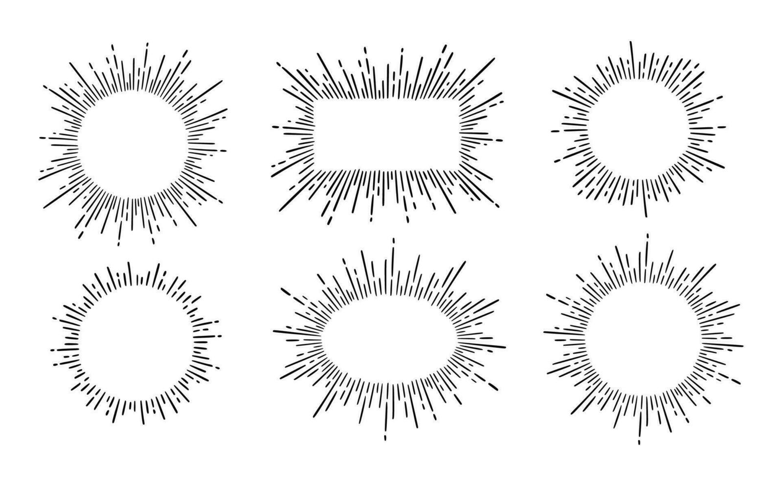 zonnestraal straal wijnoogst kader element set. ster barsten straal hand- getrokken schijnen, hipster insigne, logotype cirkel decoratie kader vector