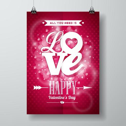 Valentijnsdag illustratie met liefde typografie ontwerp op glanzende achtergrond. vector