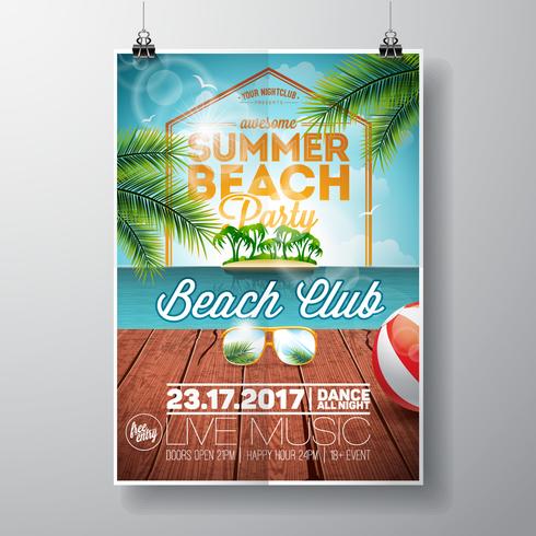 Zomer Beach Party Flyer Design met zonnebril op oceaanlandschap achtergrond. vector