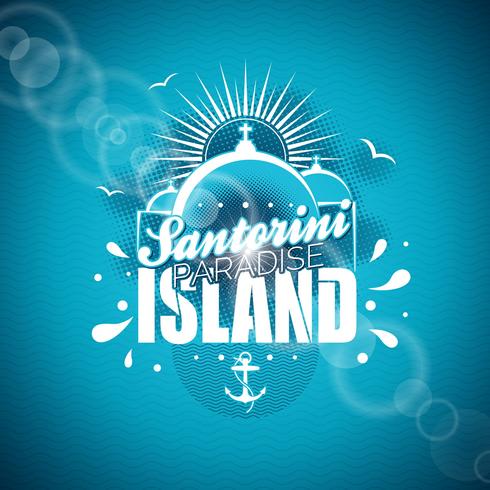 Santorini Paradise Island-illustratie met typografisch ontwerp op blauwe achtergrond. vector