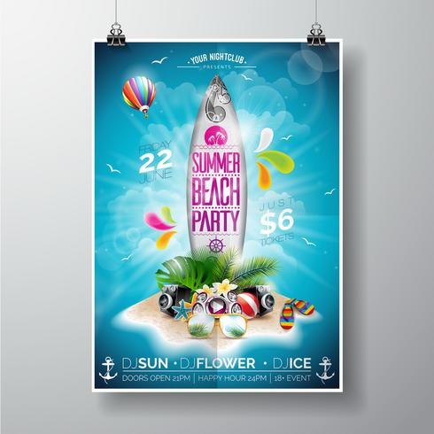 Summer Beach Party Flyer Design met surfplank en paradijselijk eiland vector