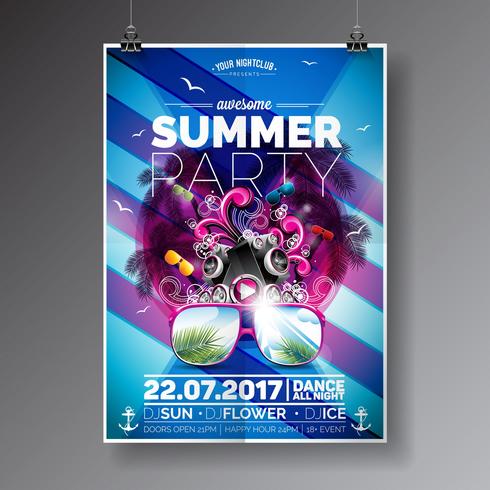 Beach Party Flyer Design met typografische elementen en muziek op blauwe palm achtergrond vector