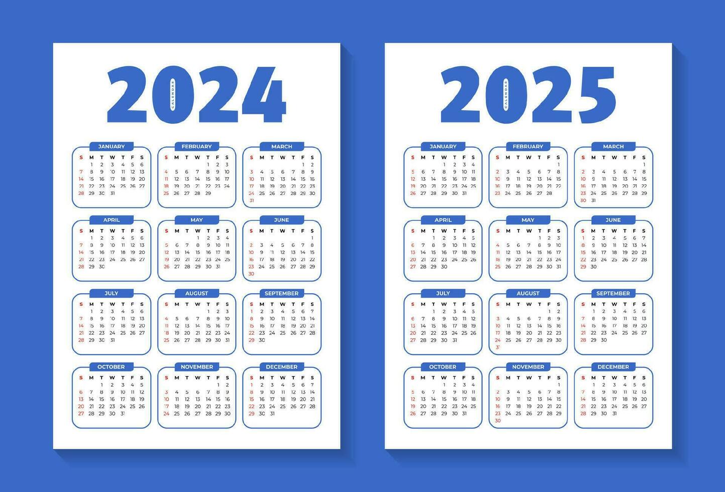 2024 en 2025 bewerkbare kalender sjabloon vector