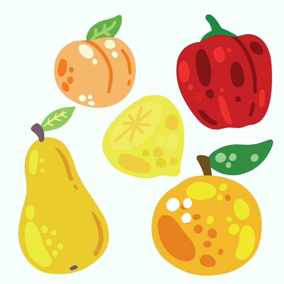 fruit en groenten geïsoleerd Aan wit. reeks van vers vegetarisch voedsel. heerlijk zoet tussendoortje toetje in kleurrijk tekenfilm stijl. peper, Peer, abrikoos, perzik en citroen. vector