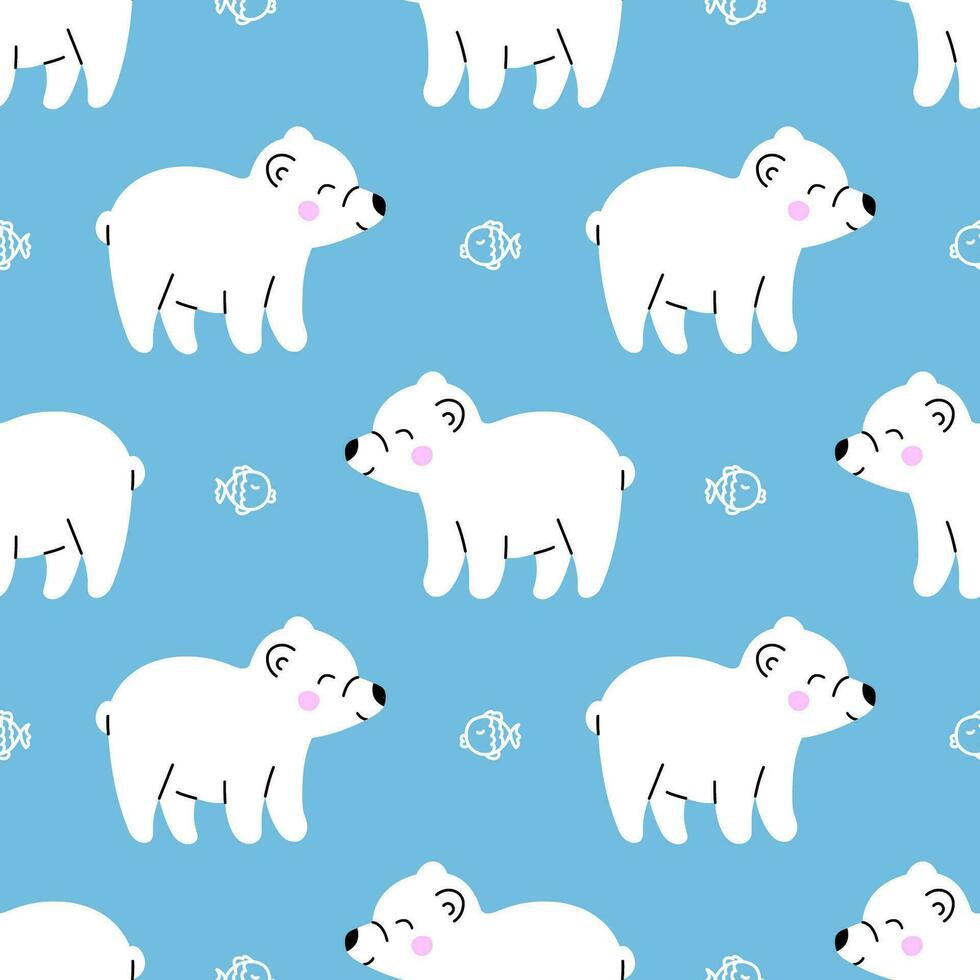 schattig naadloos winter patroon met jong arctisch polair bears dieren, vissen Aan helder blauw achtergrond. tekenfilm vector afdrukken voor kinderen textiel, kleding, behang, verpakking ontwerp