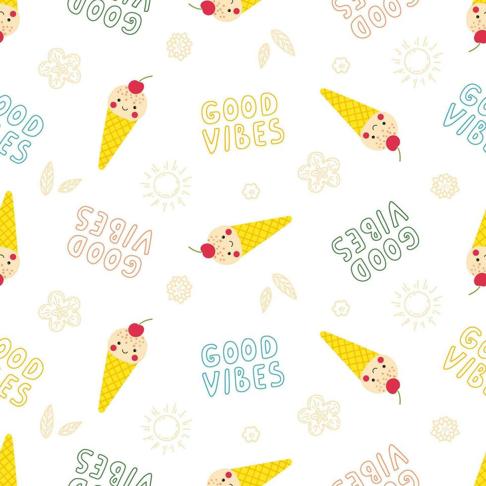 grappig zomer afdrukken met schattig glimlachen ijs room kegels. voedsel afdrukken voor kinderen textiel, omhulsel papier vector