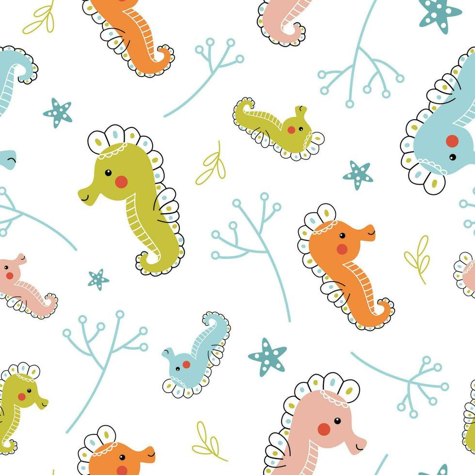 naadloos vector patroon - kleurrijk zeepaardjes zwemmen onderwater. schattig afdrukken met hand- getrokken in tekening stijl grappig zee dieren, koraal rif planten voor kinderen textiel, behang. omhulsel papier