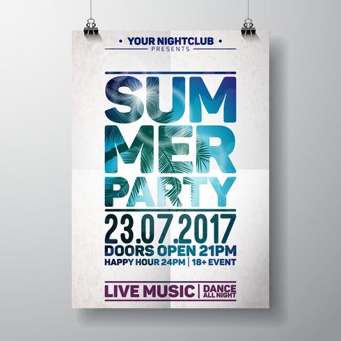 Summer Beach Party Flyer Design met typografische elementen op oceaanlandschap vector