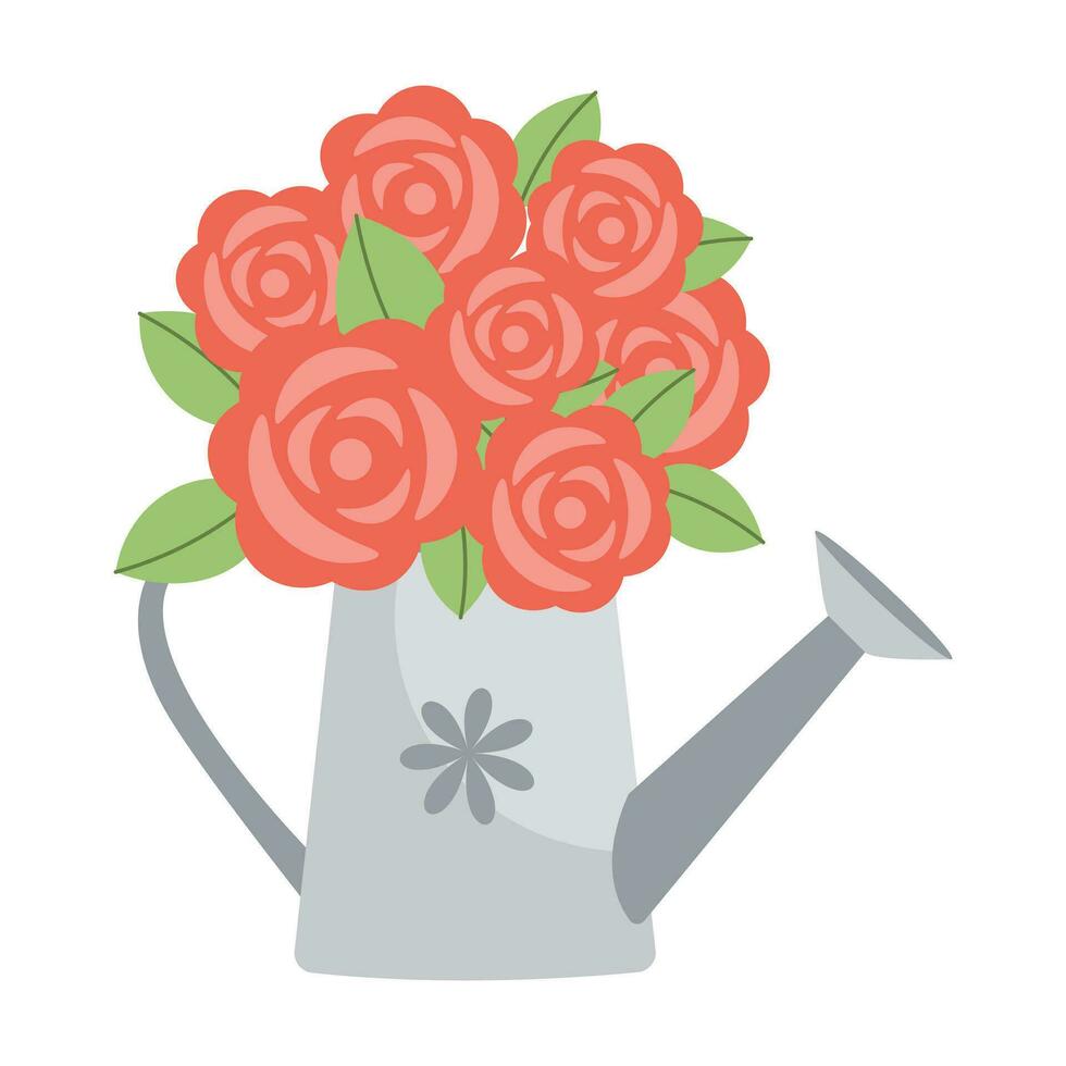 gieter kan met hand- getrokken rood rozen bloemen. vector illustratie. gemakkelijk vlak stijl.