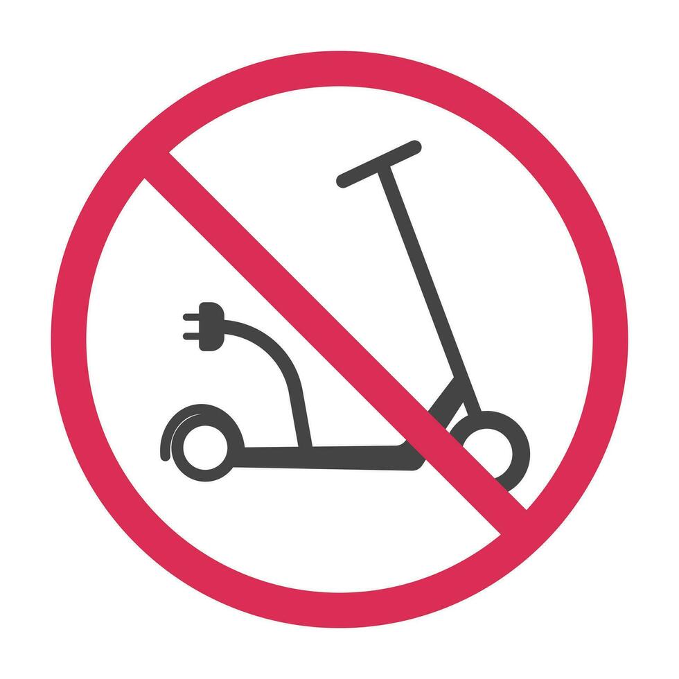 Nee opladen elektrisch scooter teken iin rood ronde kader. vector illustratie