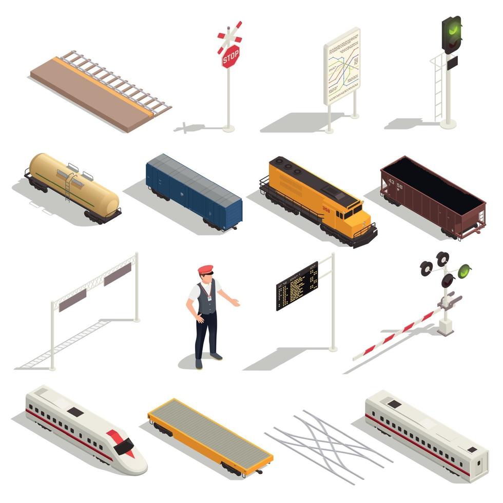 trein spoorweg isometrische set vectorillustratie vector