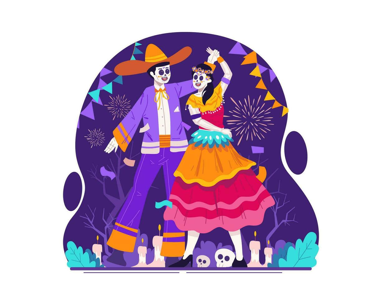 een Catrina paar met traditioneel Mexicaans kostuums dansen samen Aan de dag van de dood, een traditioneel halloween in Mexico. dia de los Muertos illustratie vector