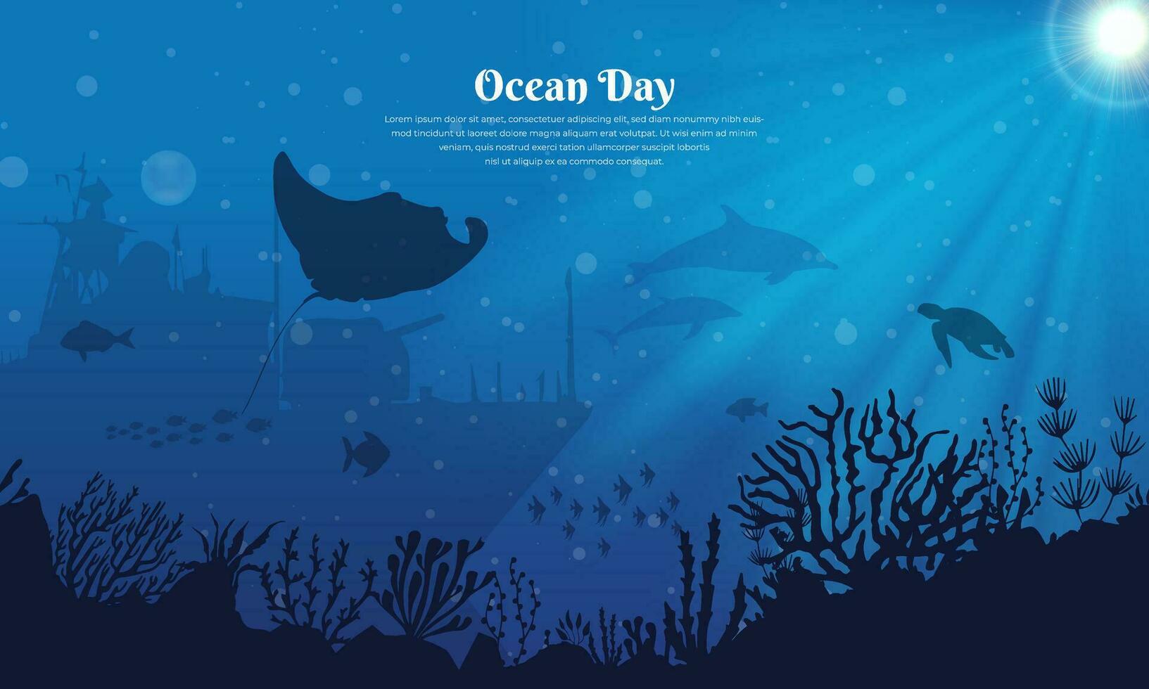 wereld oceanen dag ontwerp met onderwater- oceaan, dolfijn, haai, koraal, zee planten, pijlstaartrog en schildpad. laten we opslaan onze oceanen. vector