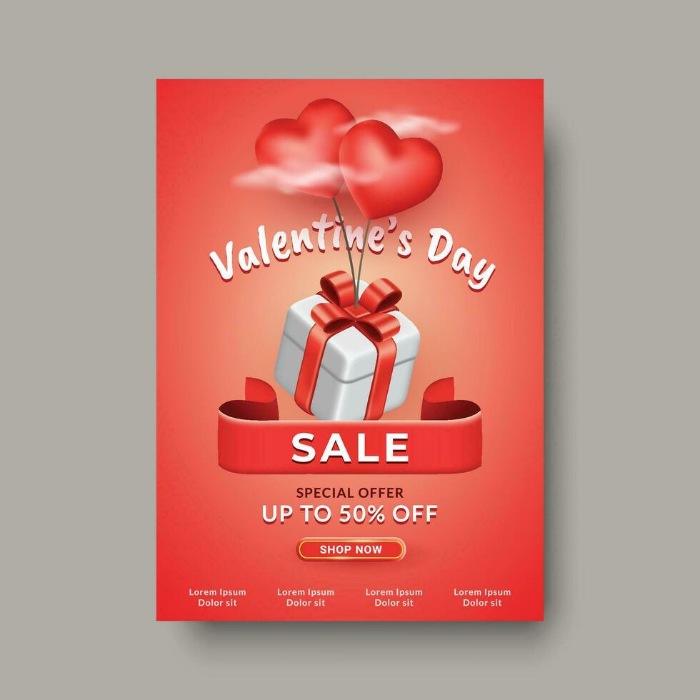 gelukkig Valentijnsdag dag poster romantisch uitverkoop aanbod concept, mooi backdrop met rood harten ballon en geschenk doos ornament vector