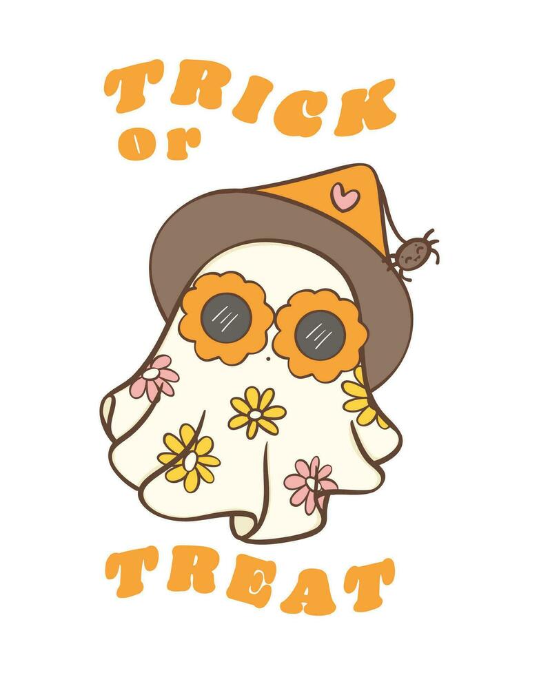 schattig halloween retro geest met madeliefje bloemen bril tekenfilm krabbels. truc of traktatie vector