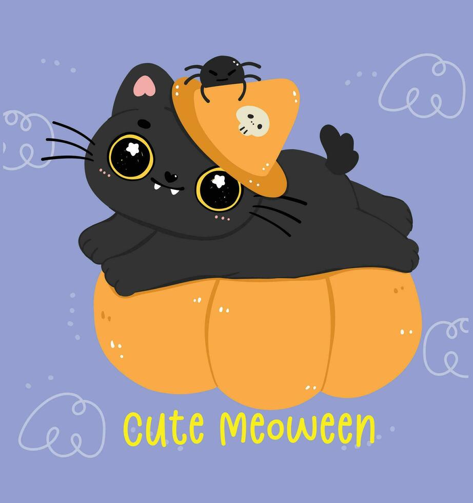 schattig zwart kat halloween heks Aan pompoen tekenfilm. ondeugend pot dier illustratie. vector