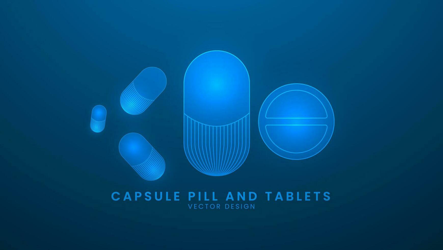 farmaceutisch medisch pillen, capsules, en tabletten. gezondheidszorg en geneeskunde concept. vector illustratie met licht effect en neon