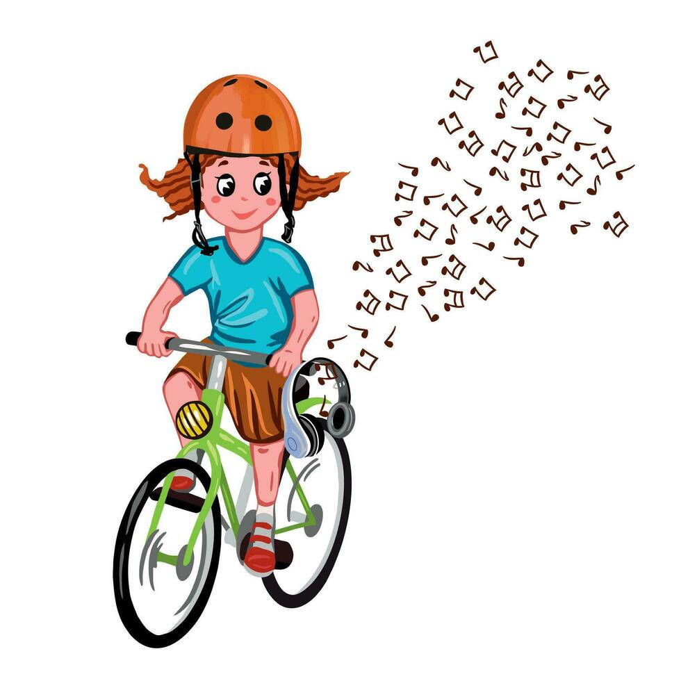 een meisje in een helm Aan een fiets. vector illustratie Aan een kinderen thema. ontwerp element voor groet kaarten, uitnodigingen, affiches, spandoeken, boek illustraties.