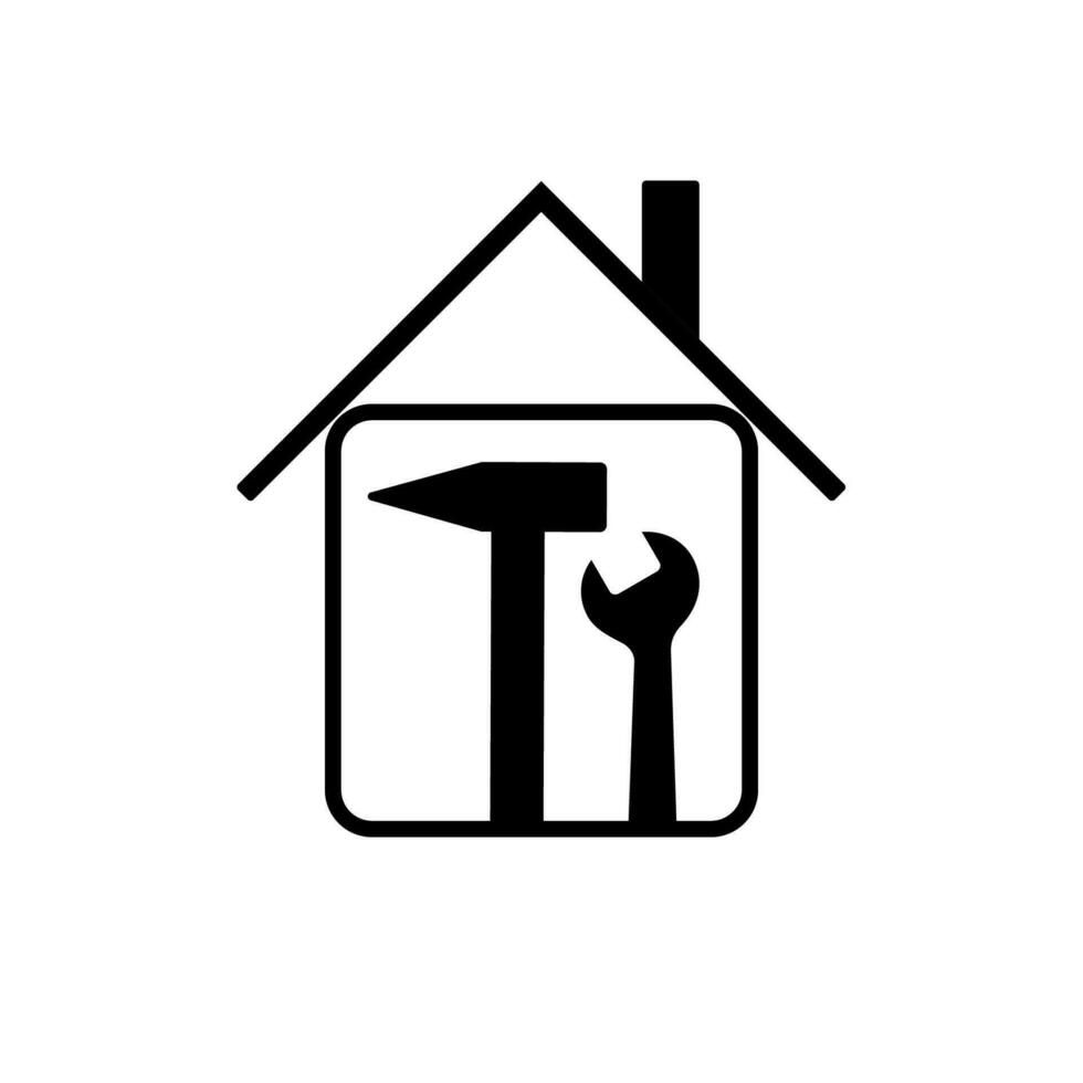 silhouet van een huis met een moersleutel en een hamer. huis reparatie logo vector