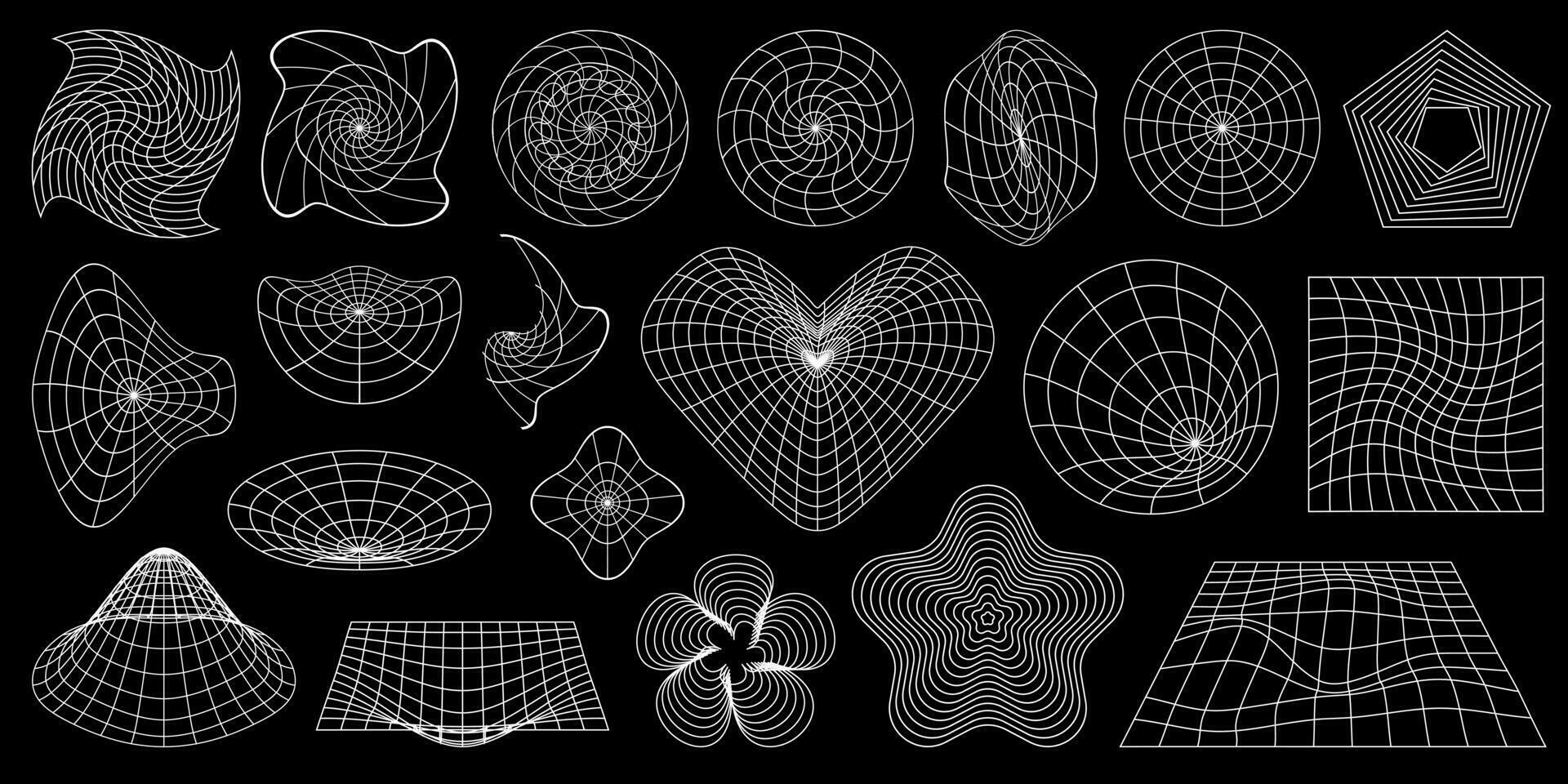 y2k esthetisch reeks van 3d wireframe vormen, perspectief roosters en hart. vector