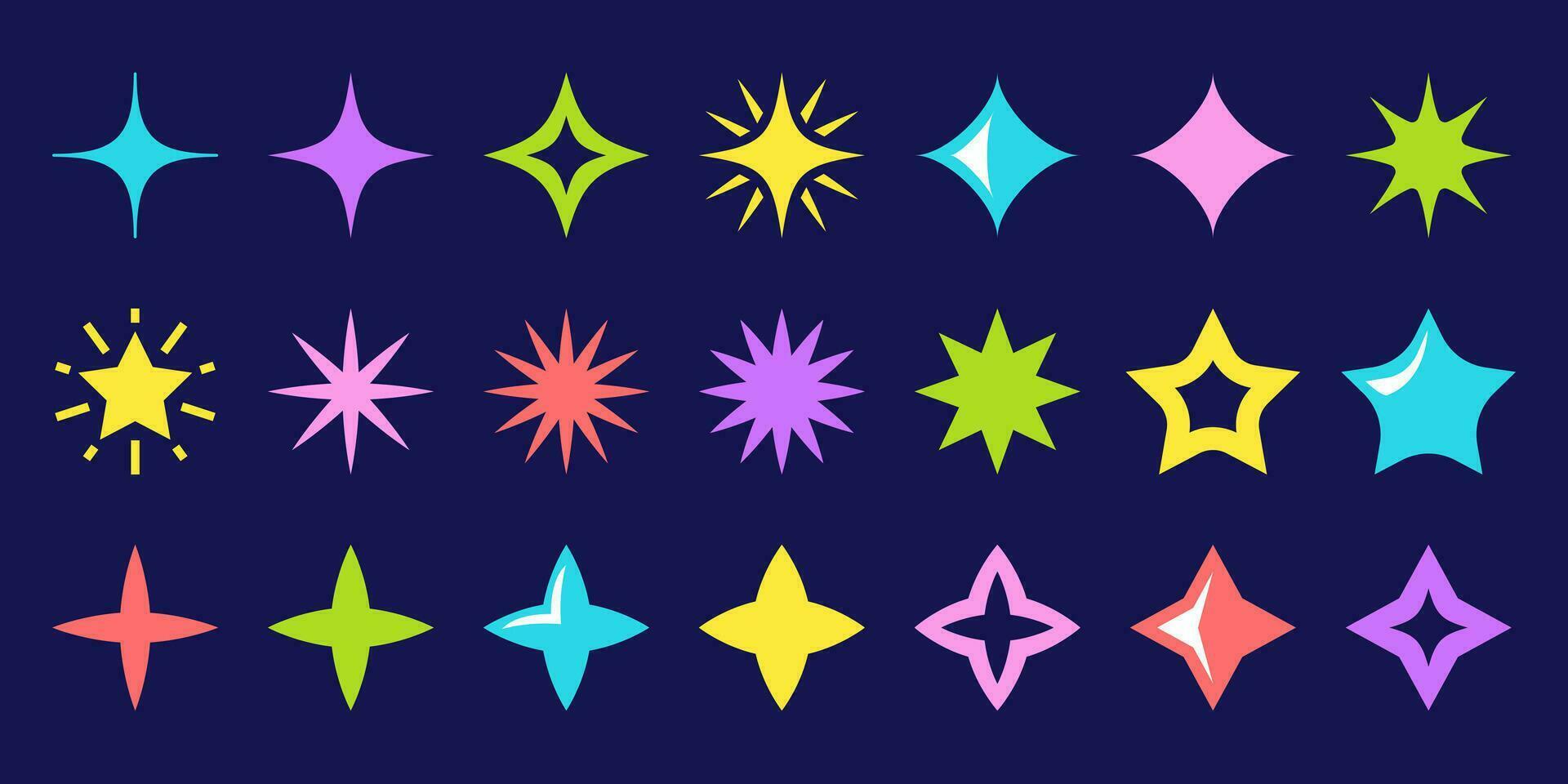 kleur neon sterren en sparkles icoon reeks geïsoleerd Aan donker blauw achtergrond. vector