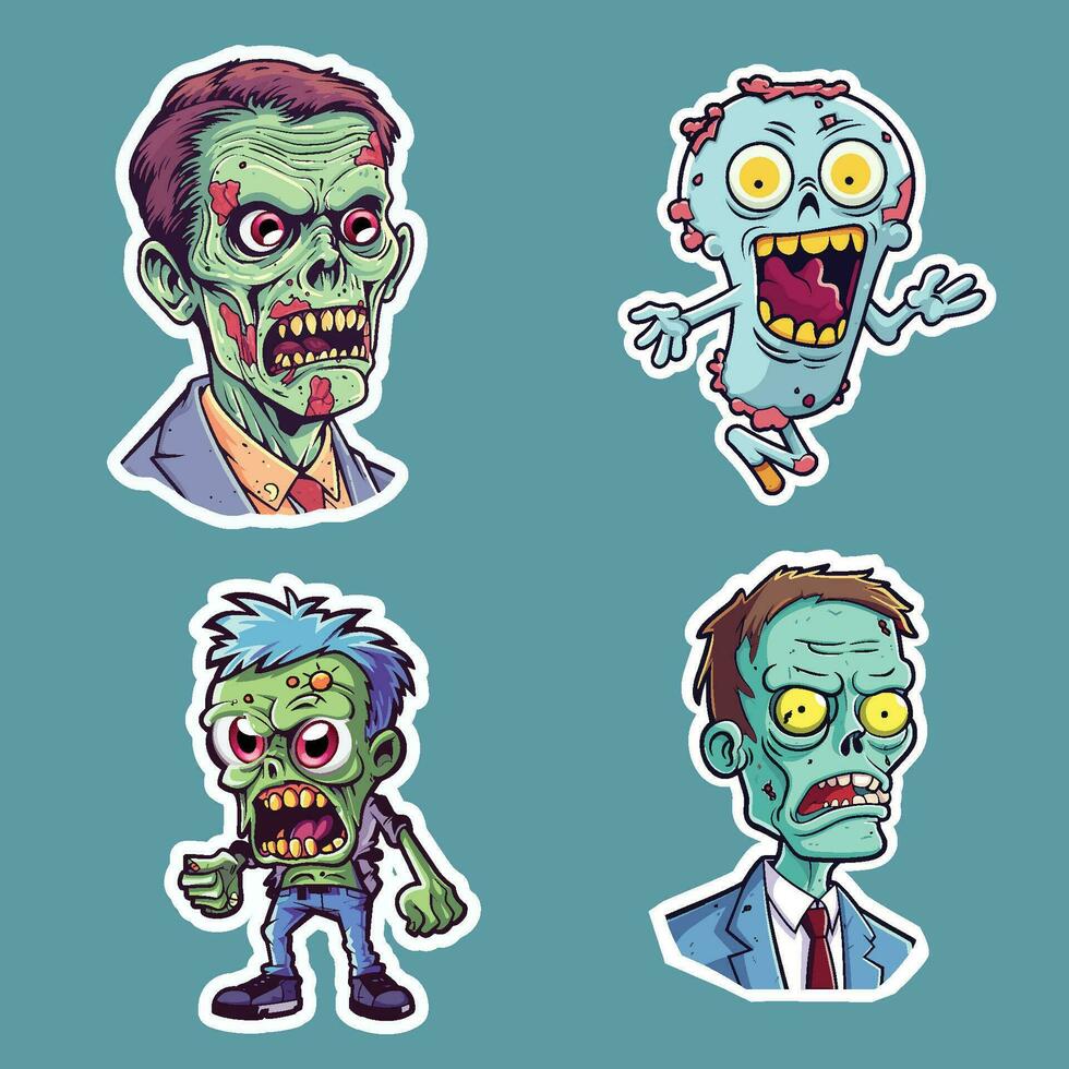 vier tekenfilm zombie stickers met divers huid kleuren, kleding, en uitdrukkingen vector