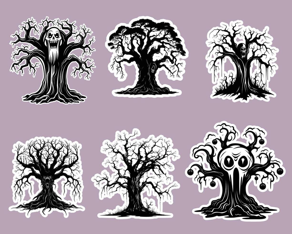 zes griezelig zwart en wit boom illustraties met divers vormen vector
