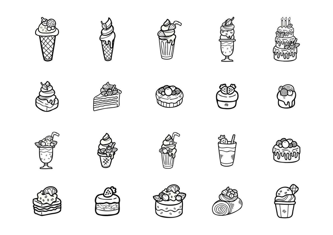 schattig tekening desserts bakkerij reeks zwart en wit kleur vector