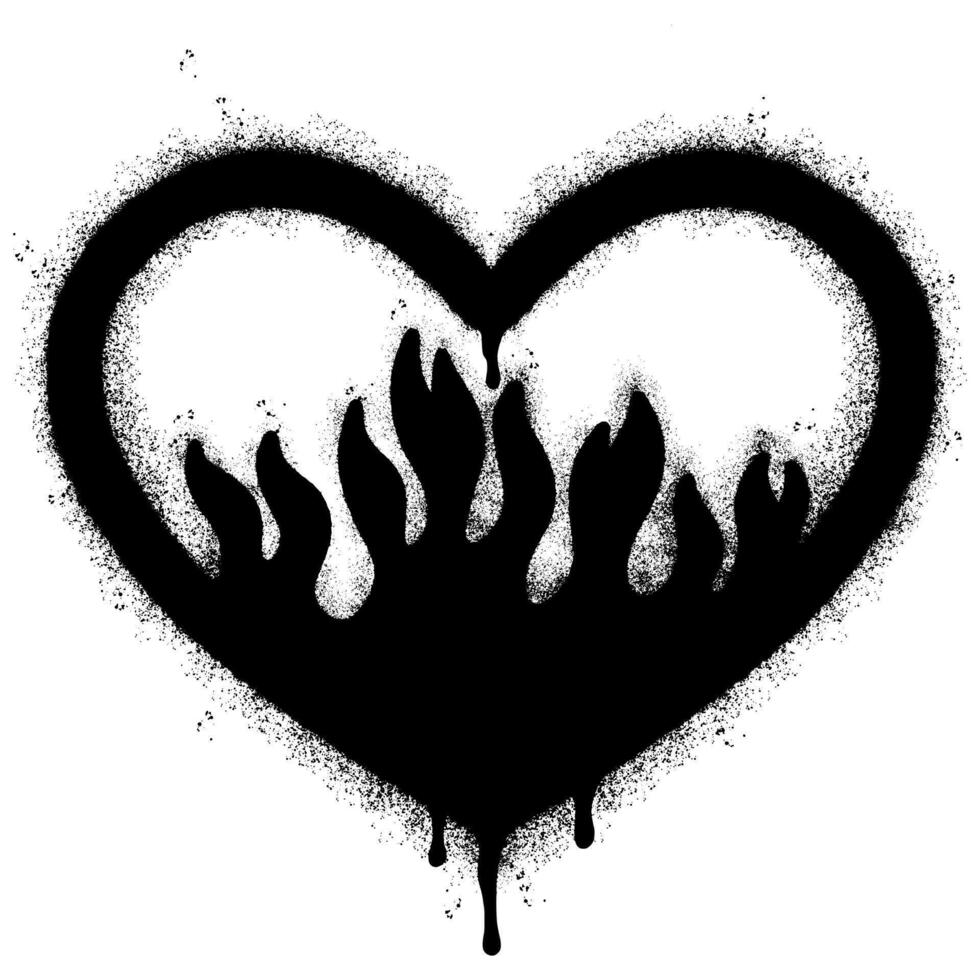 verstuiven geschilderd graffiti hart vlam icoon gespoten geïsoleerd met een wit achtergrond. graffiti liefde brand symbool met over- verstuiven in zwart over- wit. vector