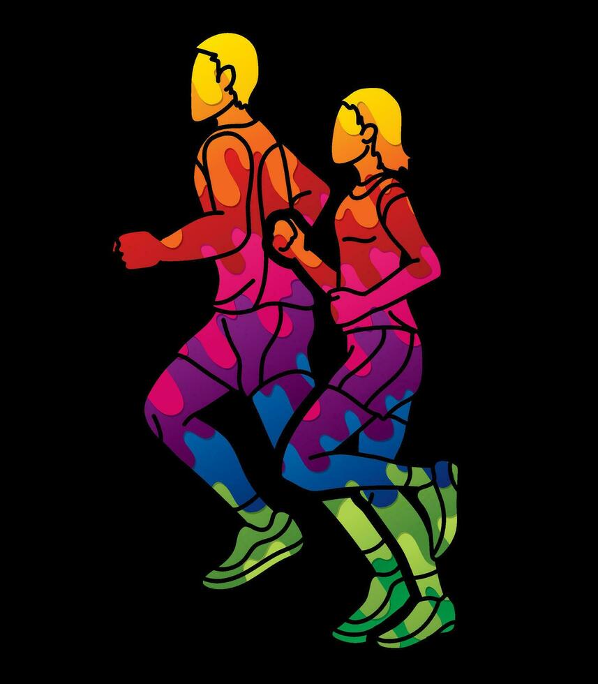 marathon mannetje en vrouw rennen tekenfilm sport grafisch vector